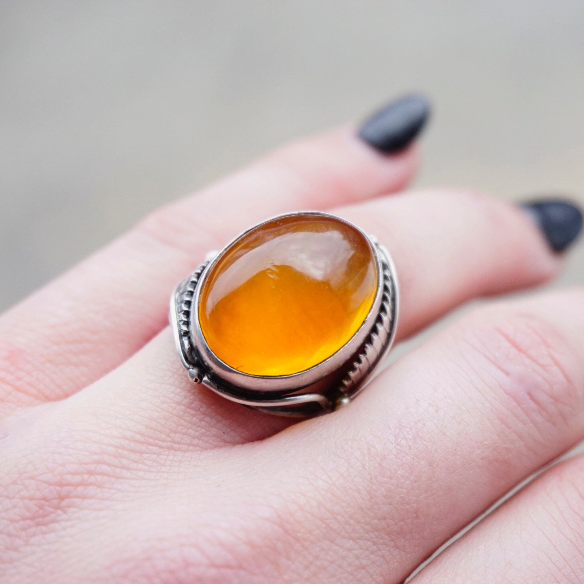 Vintage Sterling Silver Amber Ring, Orange Amber Ring With Silver Feather/Leaf Details, Large Face Silver Ring, Size 7.5 US Sterling Ring