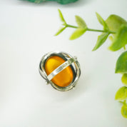 Vintage Sterling Silver Amber Ring, Orange Amber Ring With Silver Feather/Leaf Details, Large Face Silver Ring, Size 7.5 US Sterling Ring