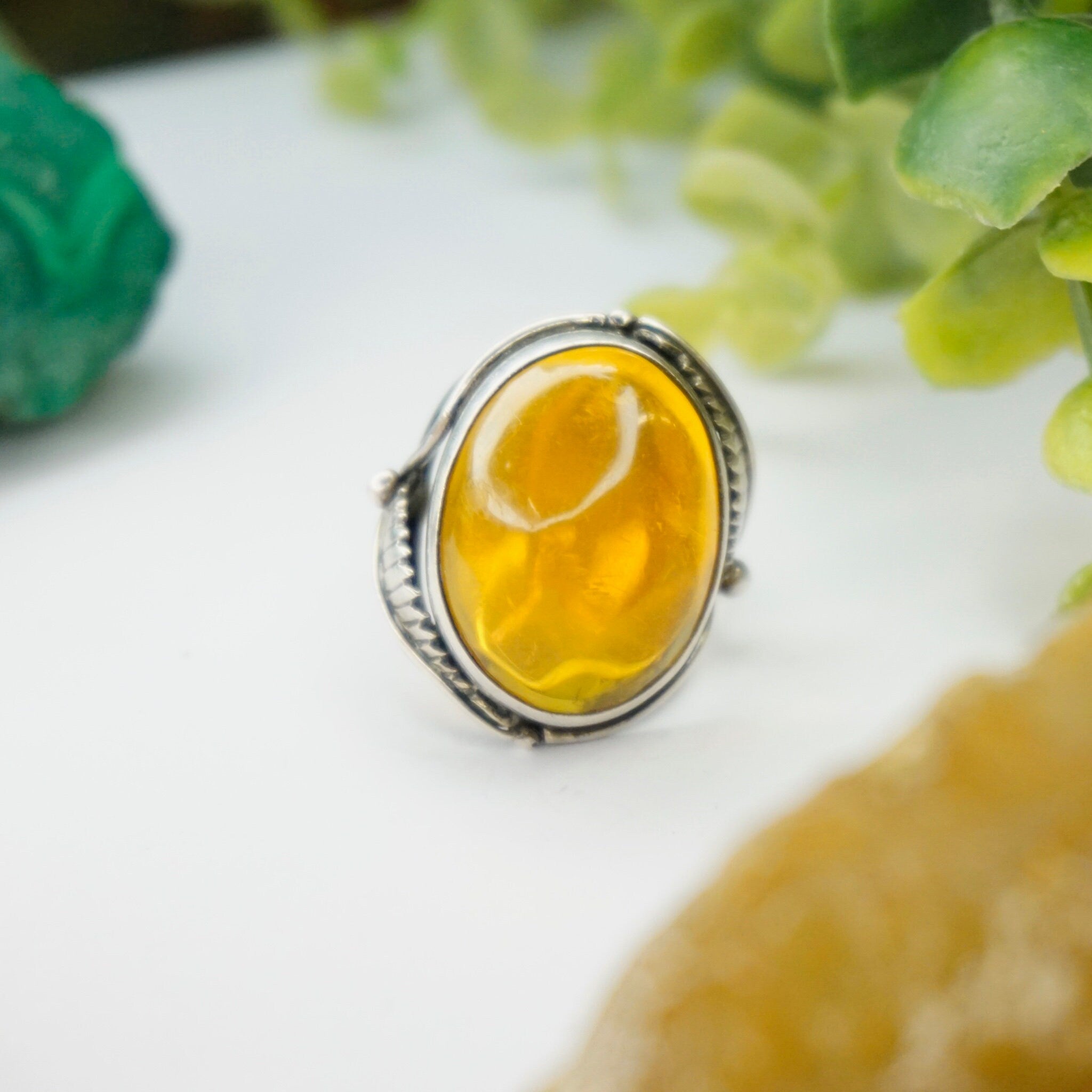 Vintage Sterling Silver Amber Ring, Orange Amber Ring With Silver Feather/Leaf Details, Large Face Silver Ring, Size 7.5 US Sterling Ring