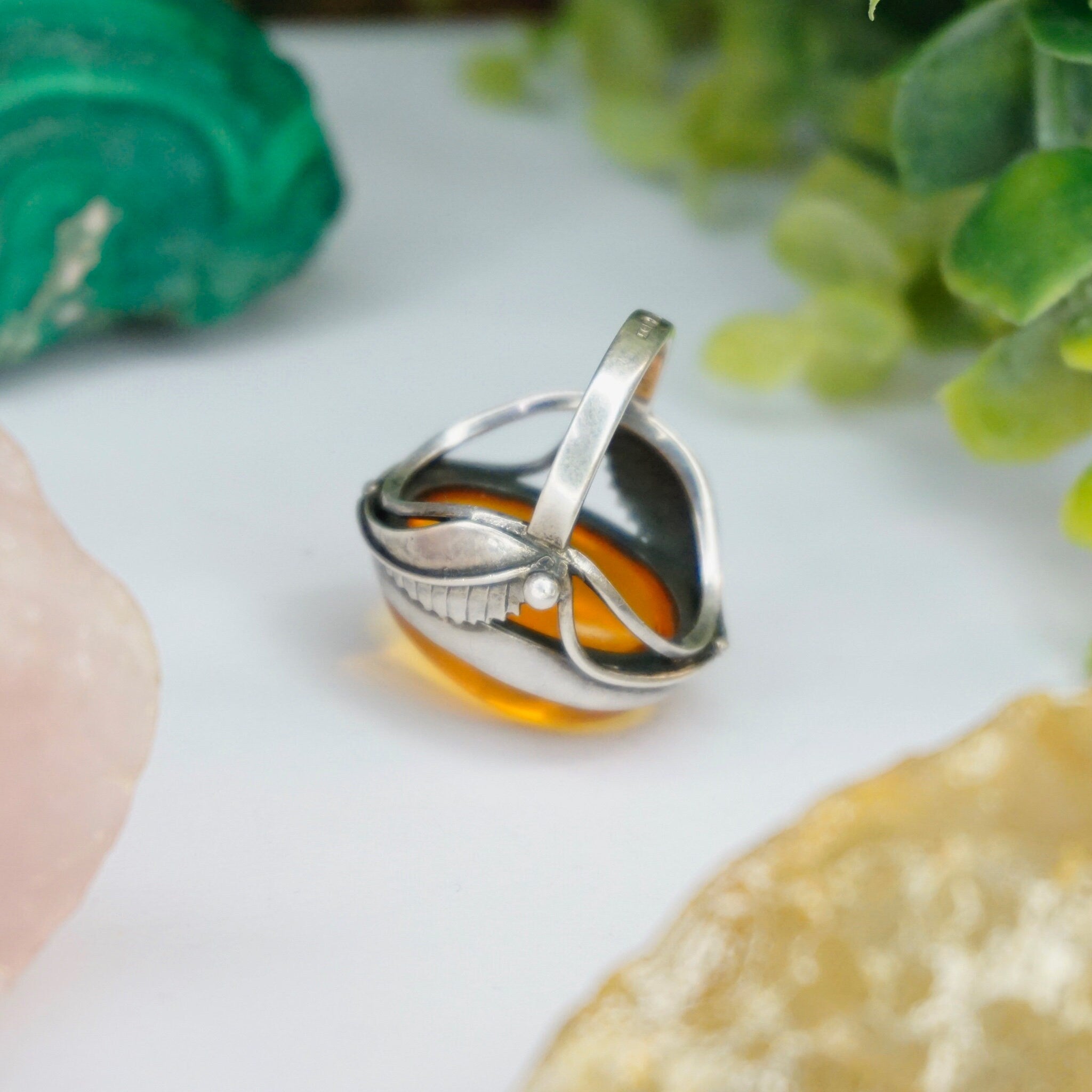 Vintage Sterling Silver Amber Ring, Orange Amber Ring With Silver Feather/Leaf Details, Large Face Silver Ring, Size 7.5 US Sterling Ring
