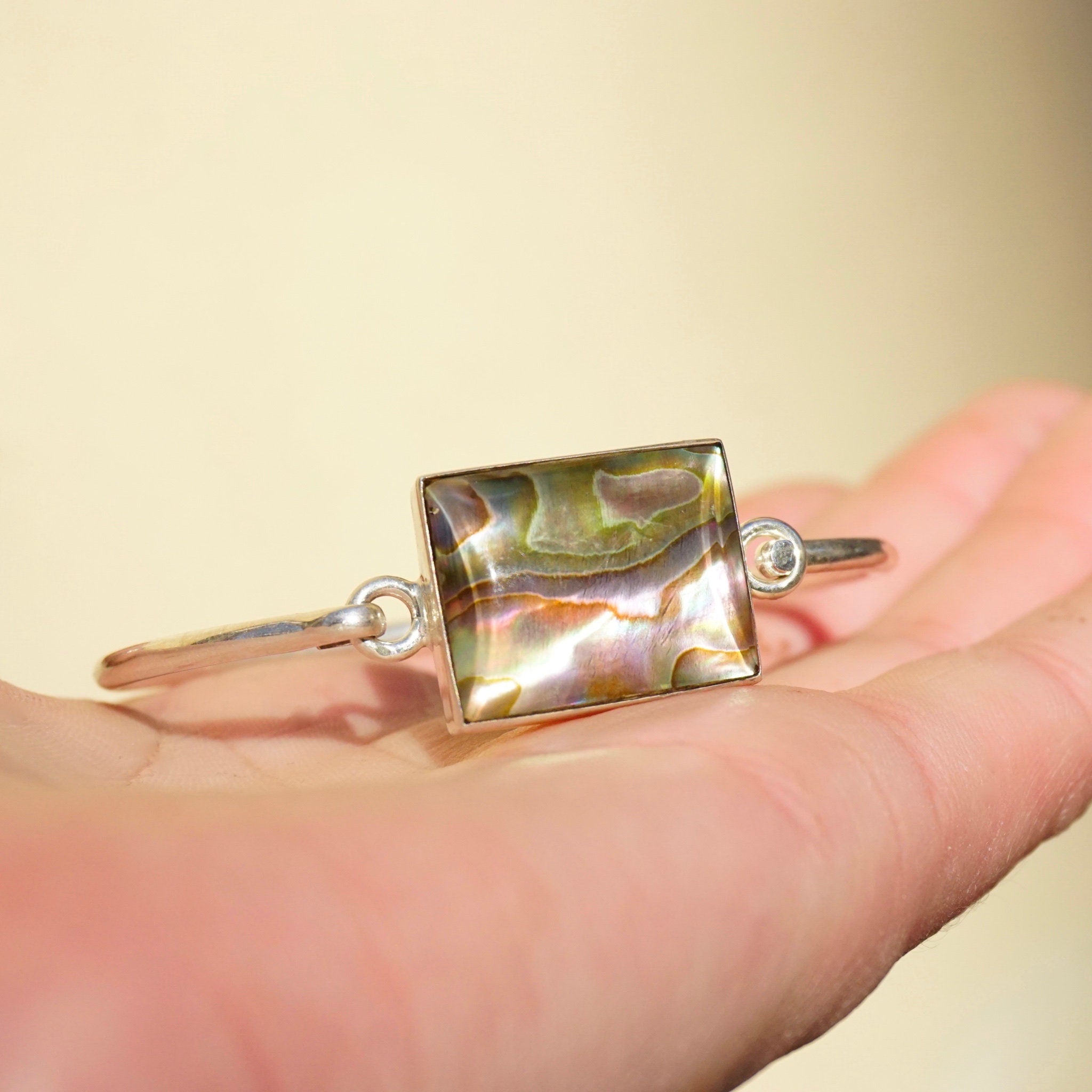 Vintage Sterling Silver Abalone Bangle Bracelet, Silver Clasp Bangle With Iridescent Abalone Shell, Minimalist Bracelet, 925 Mexico Jewelry