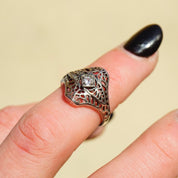 Vintage Sterling Silver Filigree Ring, Beautiful Art Deco Ring With Small Center Stone, Silver Filigree Cubic Zirconium Ring, Avon 925