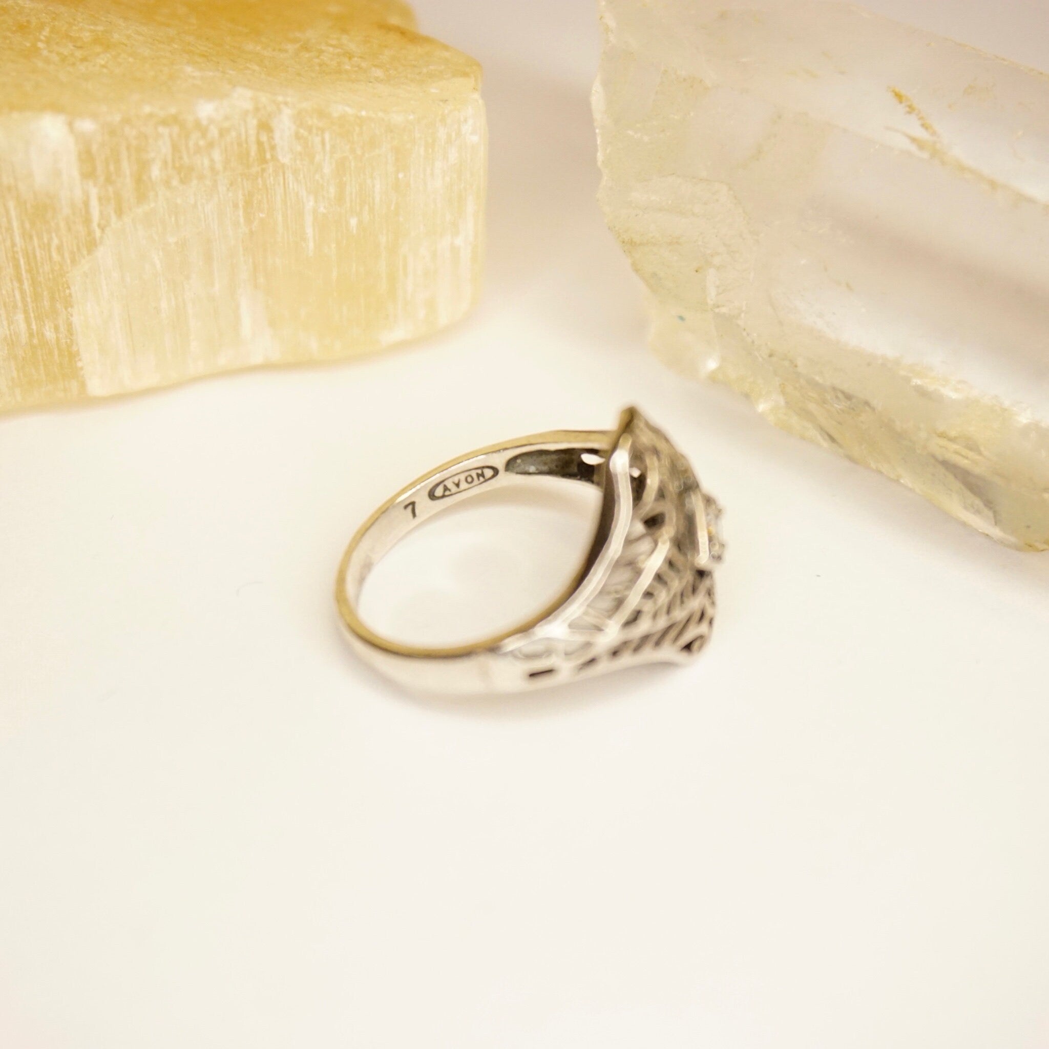 Vintage Sterling Silver Filigree Ring, Beautiful Art Deco Ring With Small Center Stone, Silver Filigree Cubic Zirconium Ring, Avon 925