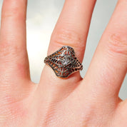 Vintage Sterling Silver Filigree Ring, Beautiful Art Deco Ring With Small Center Stone, Silver Filigree Cubic Zirconium Ring, Avon 925