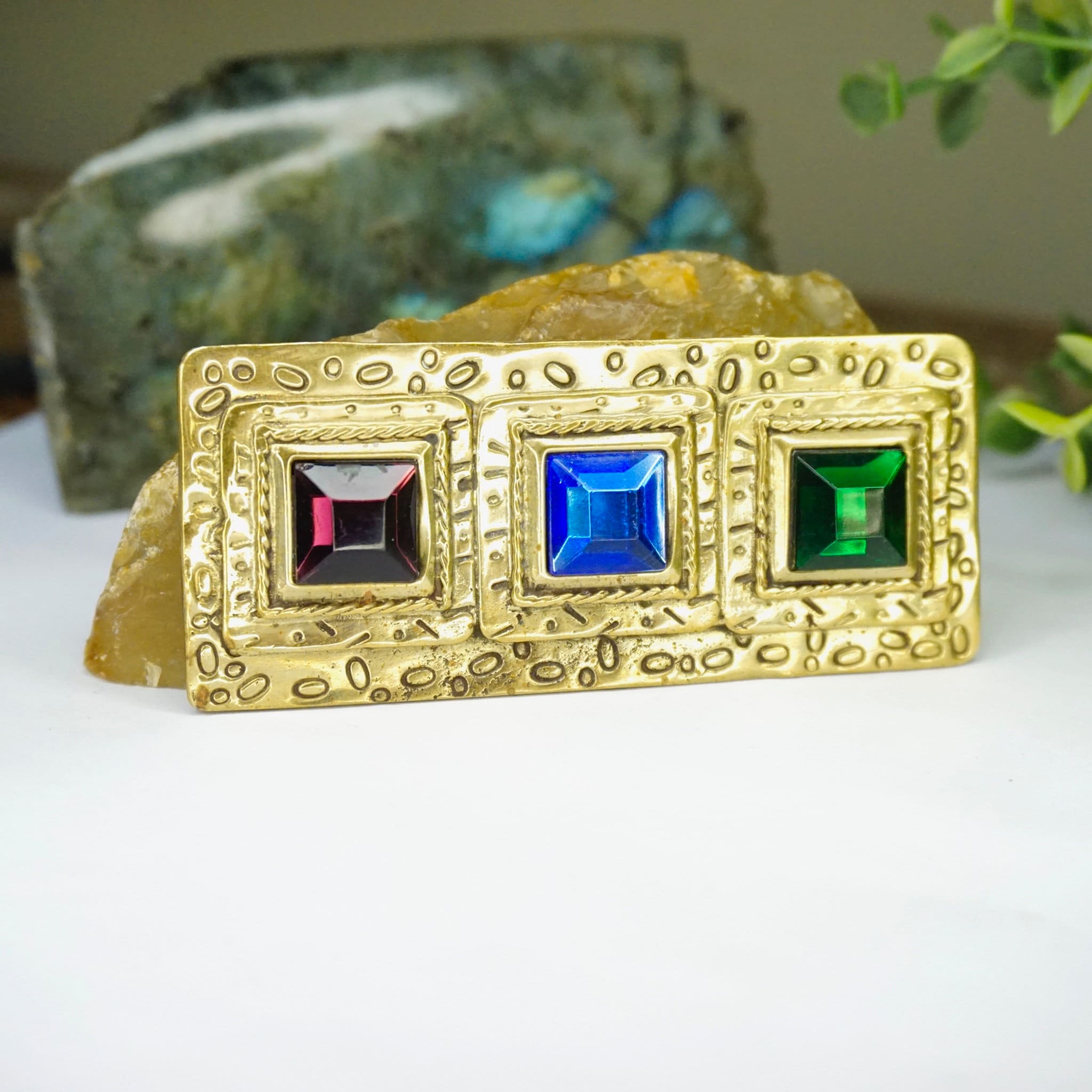Vintage Deborah Roberts Modernist Gold Tone Brooch, Eccentric Gold Tone Brooch With Green, Purple, And Blue Glass, Signed Jewelry