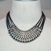 Vintage Silver Multi-Strand Leather Collar Necklace, Modernist Choker Necklace With Leather And Silver Tone Links, Chunky Statement Necklace