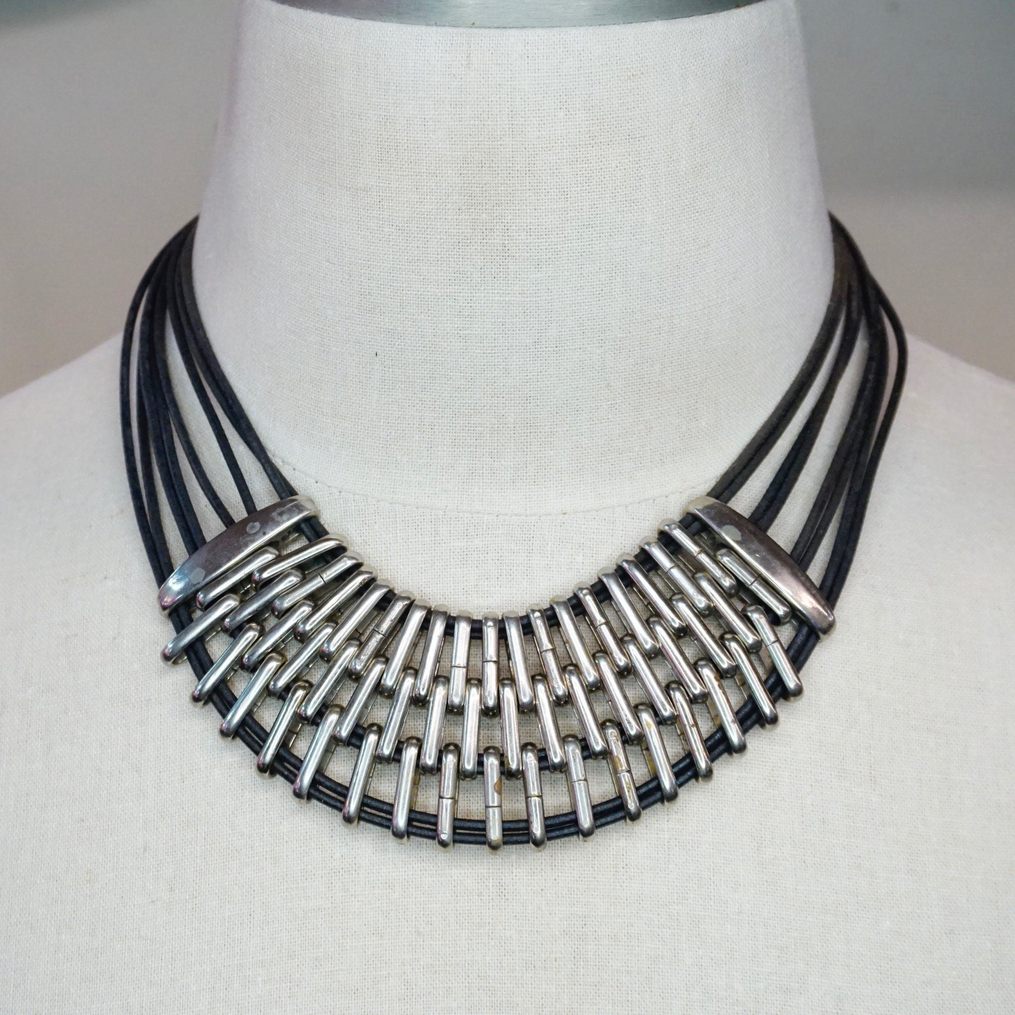 Vintage Silver Multi-Strand Leather Collar Necklace, Modernist Choker Necklace With Leather And Silver Tone Links, Chunky Statement Necklace