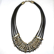 Vintage Silver Multi-Strand Leather Collar Necklace, Modernist Choker Necklace With Leather And Silver Tone Links, Chunky Statement Necklace