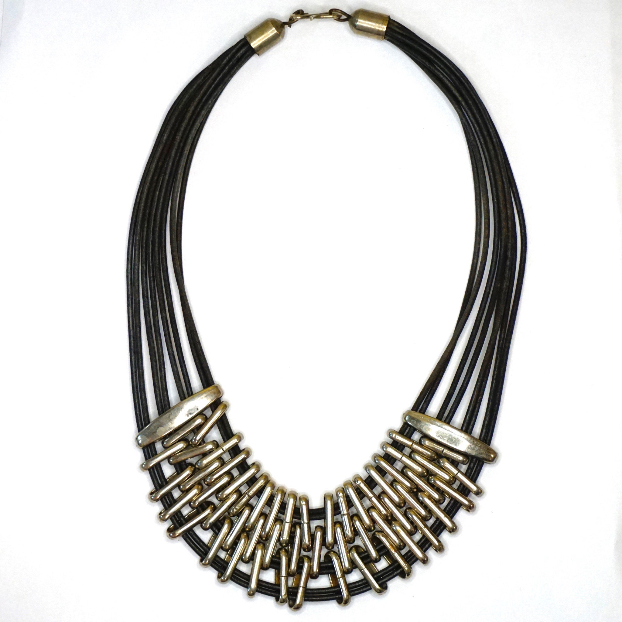 Vintage Silver Multi-Strand Leather Collar Necklace, Modernist Choker Necklace With Leather And Silver Tone Links, Chunky Statement Necklace