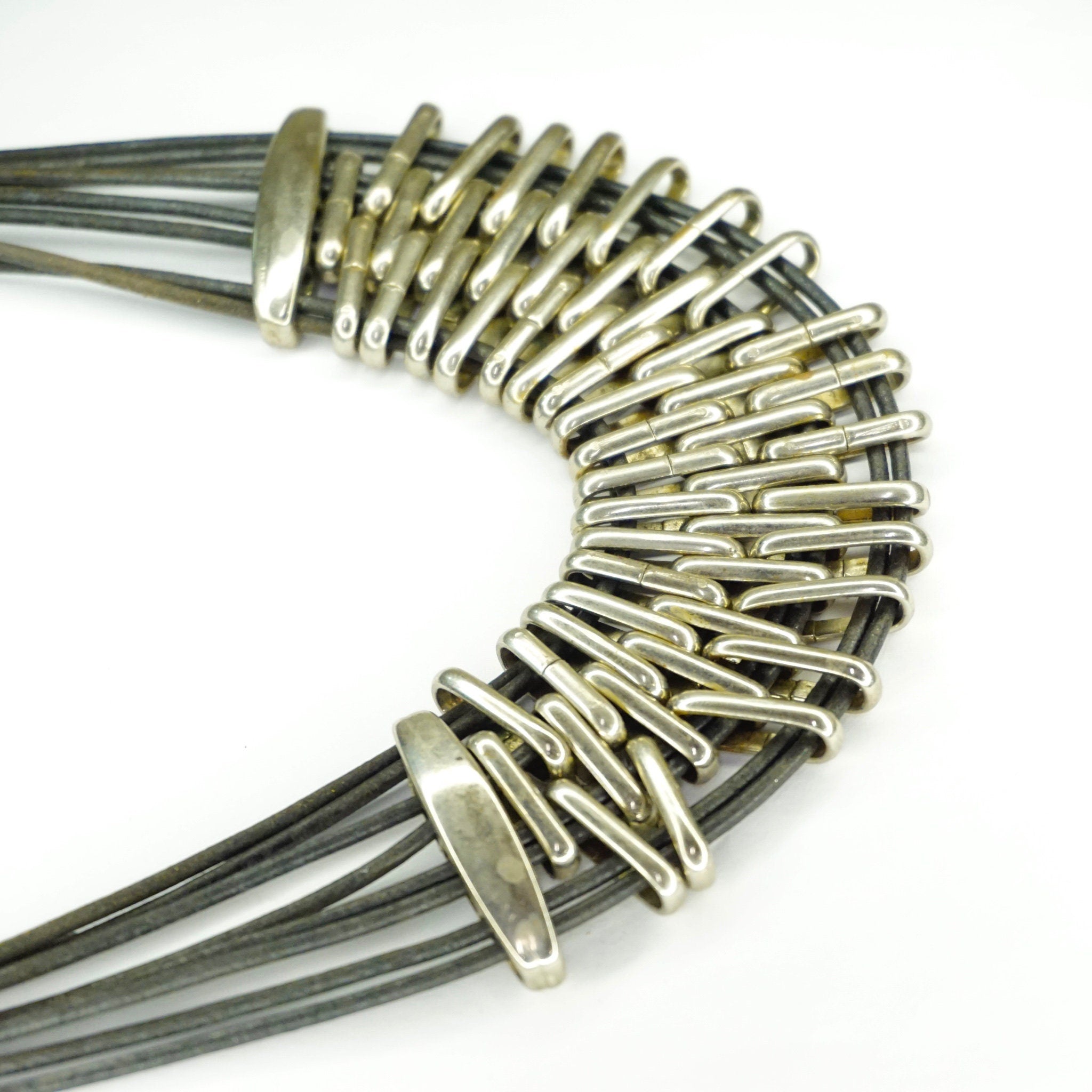 Vintage Silver Multi-Strand Leather Collar Necklace, Modernist Choker Necklace With Leather And Silver Tone Links, Chunky Statement Necklace