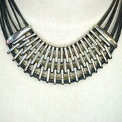 Vintage Silver Multi-Strand Leather Collar Necklace, Modernist Choker Necklace With Leather And Silver Tone Links, Chunky Statement Necklace