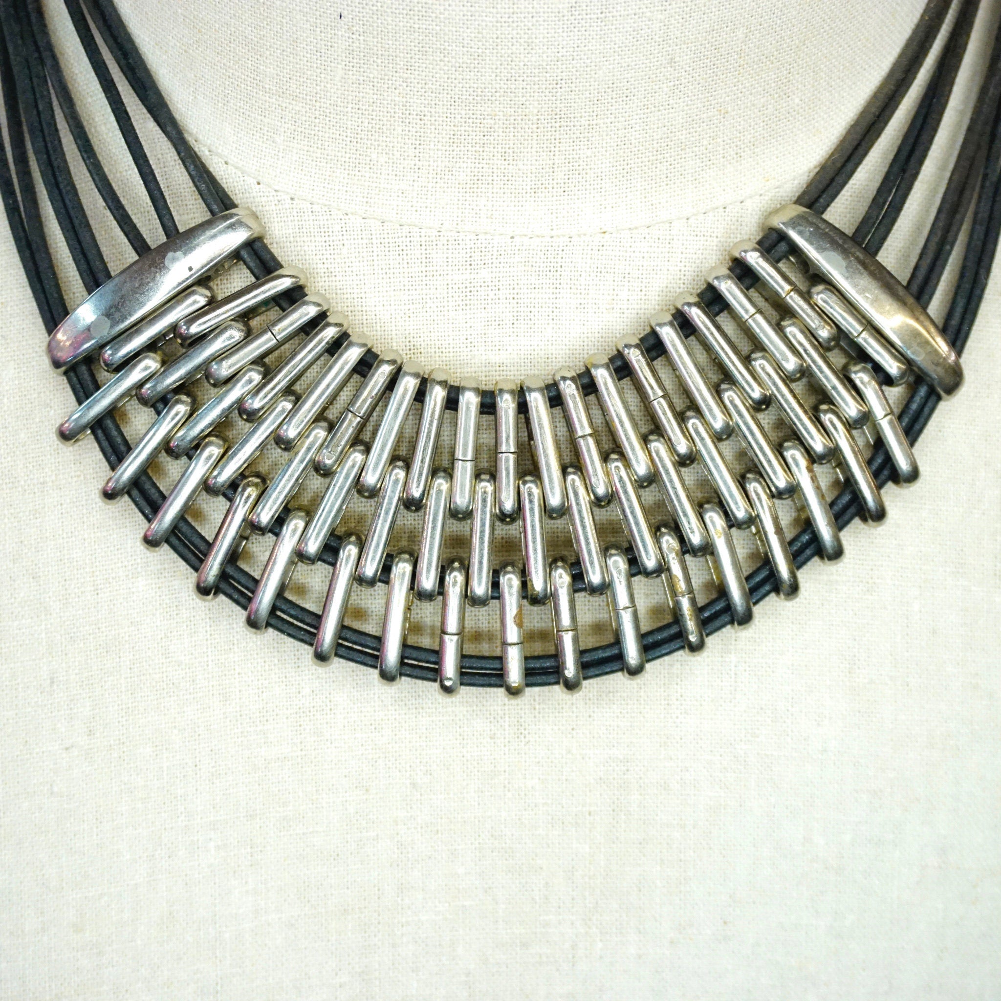 Vintage Silver Multi-Strand Leather Collar Necklace, Modernist Choker Necklace With Leather And Silver Tone Links, Chunky Statement Necklace