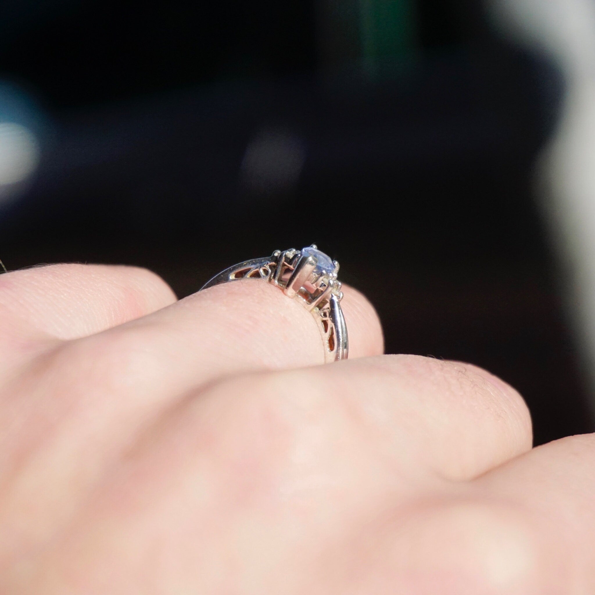 Vintage 14K White Gold Synthetic Sapphire & Diamond Ring, Beautiful Engagement Ring With Pear Cut Sapphire Stone and Accent Diamonds
