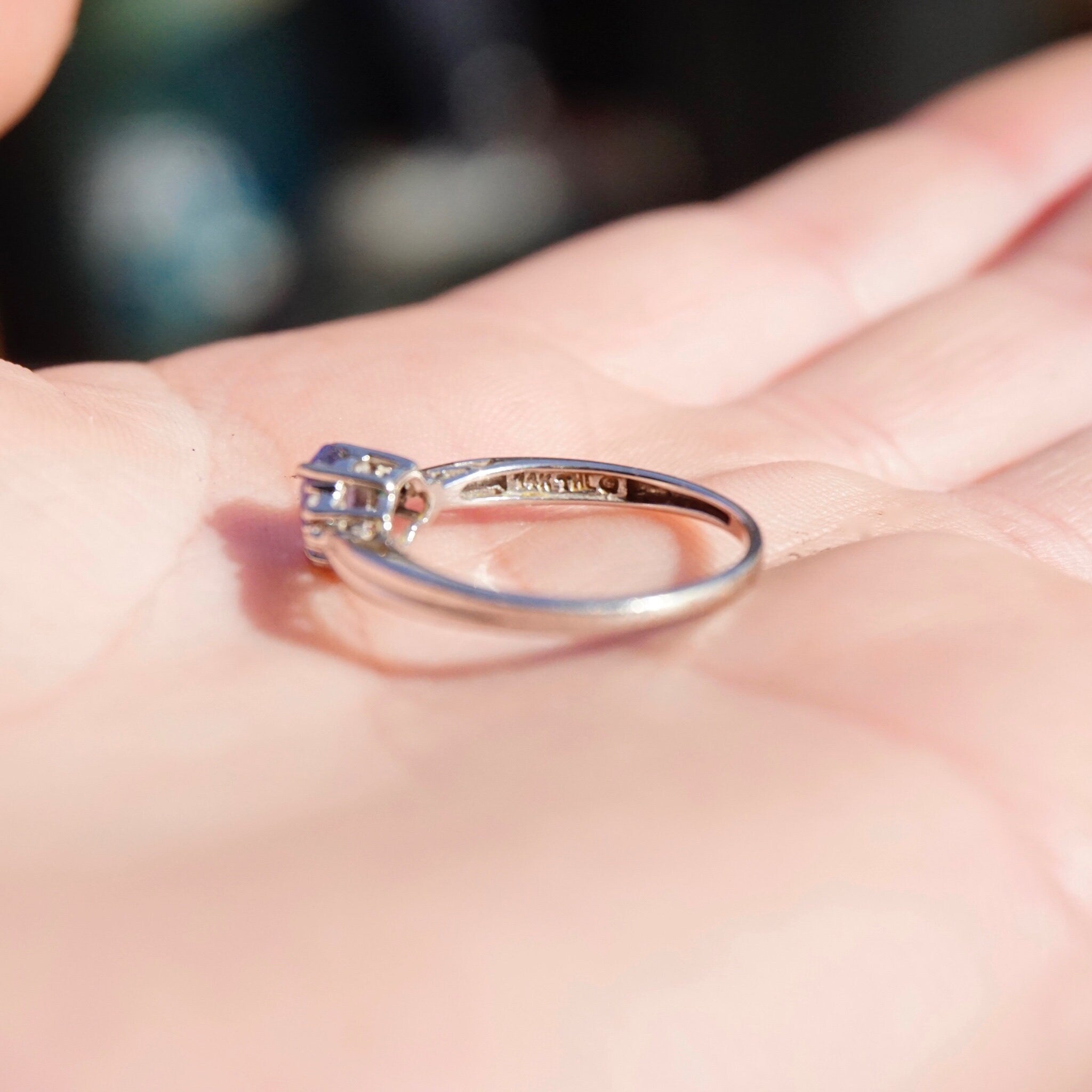 Vintage 14K White Gold Synthetic Sapphire & Diamond Ring, Beautiful Engagement Ring With Pear Cut Sapphire Stone and Accent Diamonds