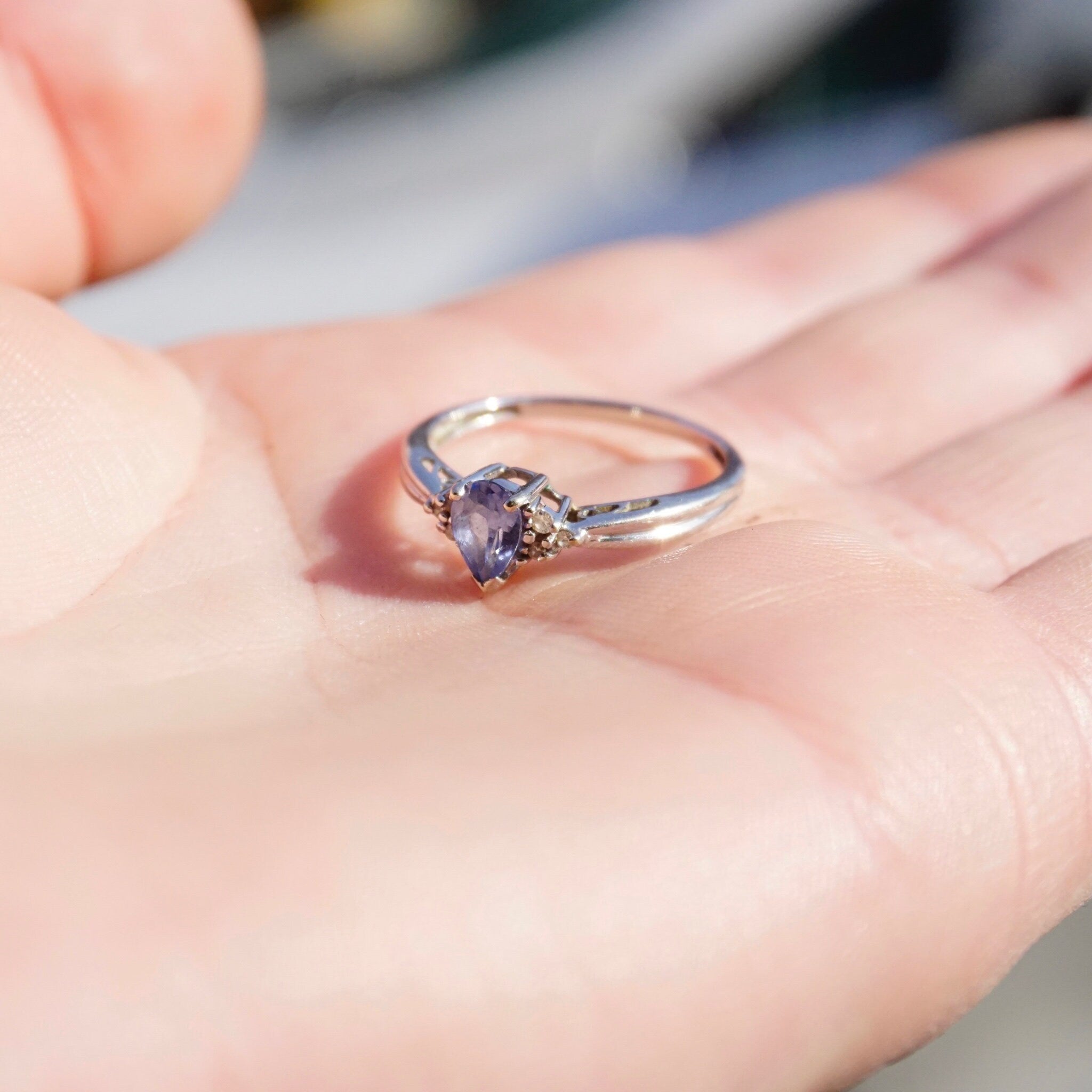 Vintage 14K White Gold Synthetic Sapphire & Diamond Ring, Beautiful Engagement Ring With Pear Cut Sapphire Stone and Accent Diamonds