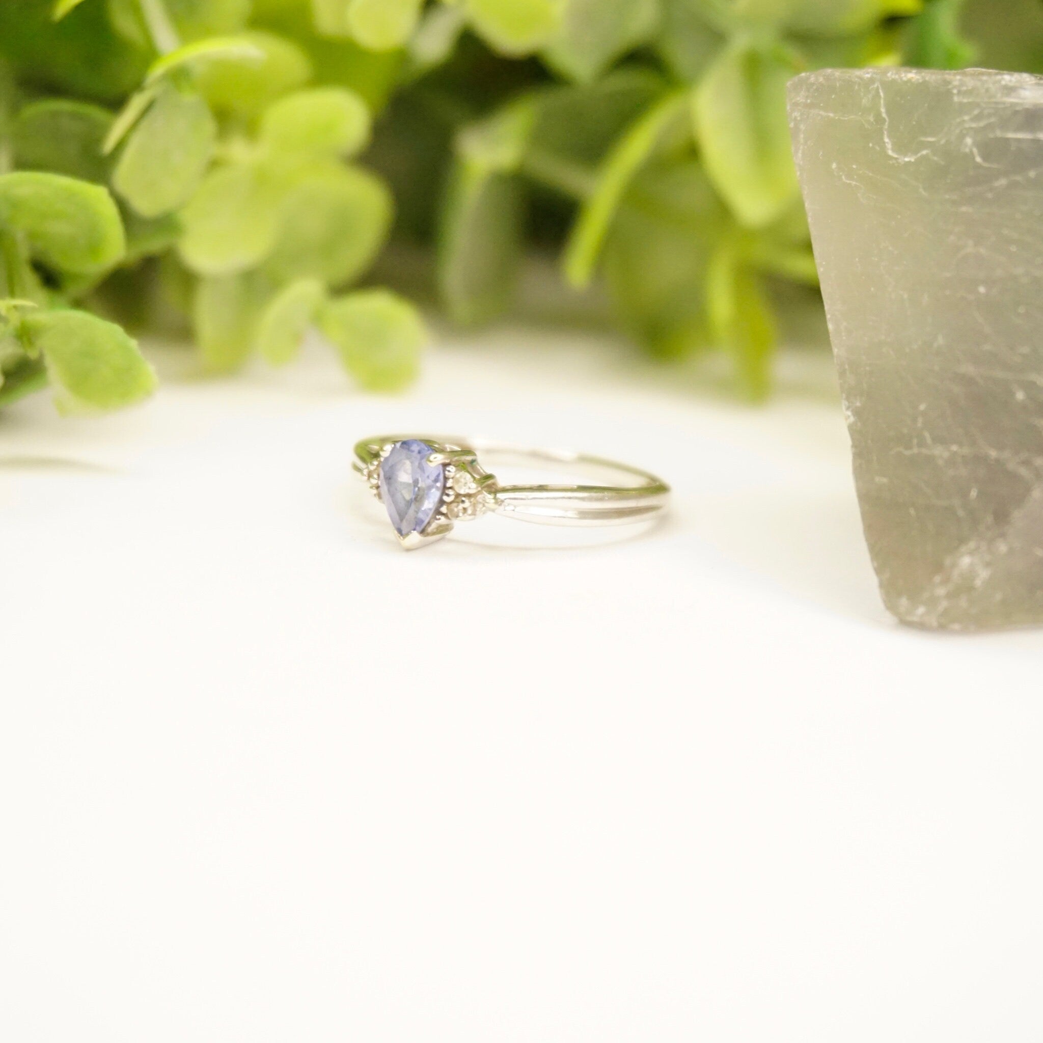 Vintage 14K White Gold Synthetic Sapphire & Diamond Ring, Beautiful Engagement Ring With Pear Cut Sapphire Stone and Accent Diamonds