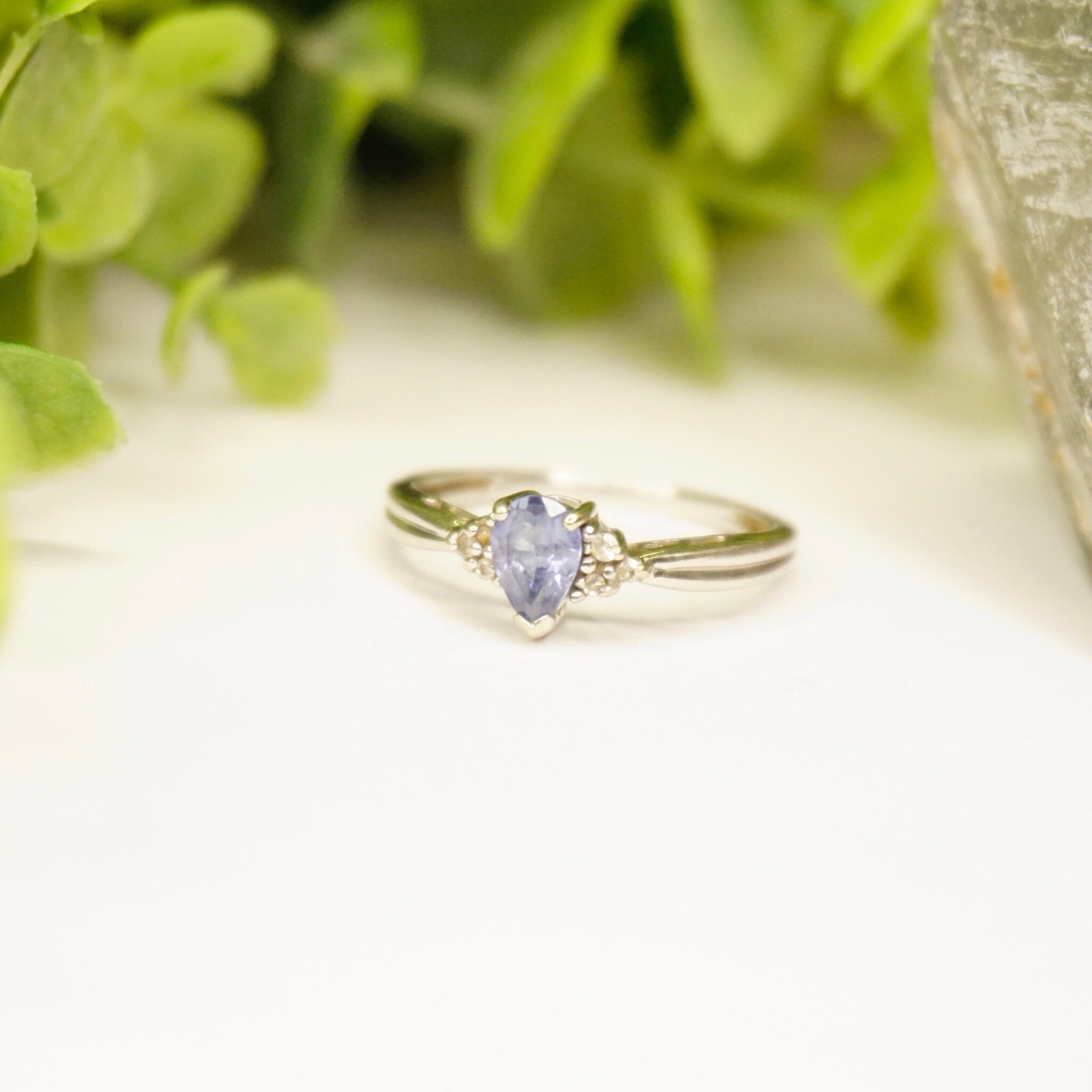 Vintage 14K White Gold Synthetic Sapphire & Diamond Ring, Beautiful Engagement Ring With Pear Cut Sapphire Stone and Accent Diamonds