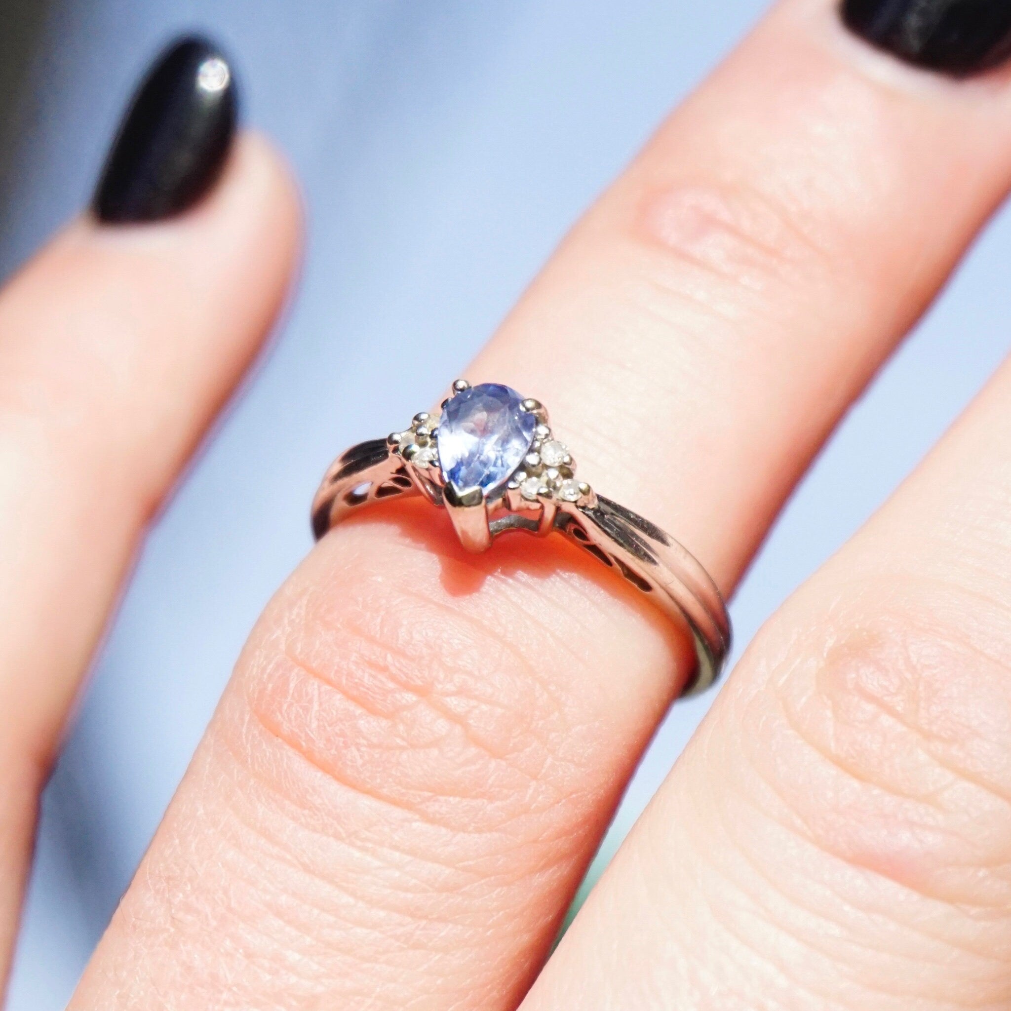 Vintage 14K White Gold Synthetic Sapphire & Diamond Ring, Beautiful Engagement Ring With Pear Cut Sapphire Stone and Accent Diamonds