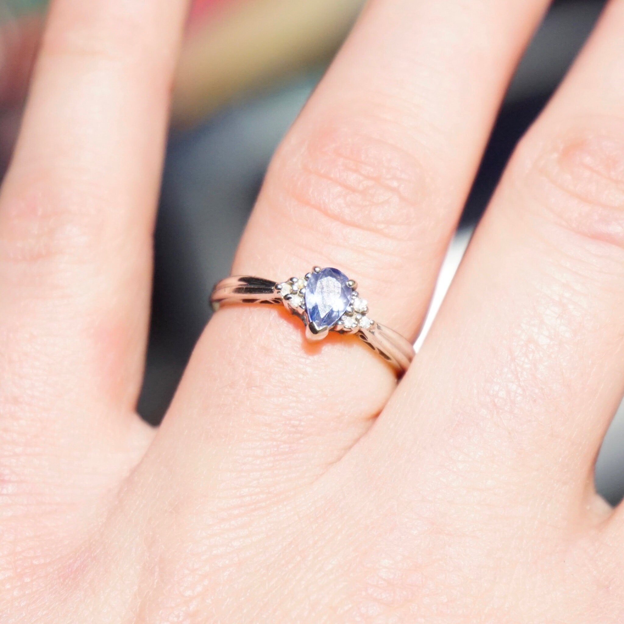 Vintage 14K White Gold Synthetic Sapphire & Diamond Ring, Beautiful Engagement Ring With Pear Cut Sapphire Stone and Accent Diamonds