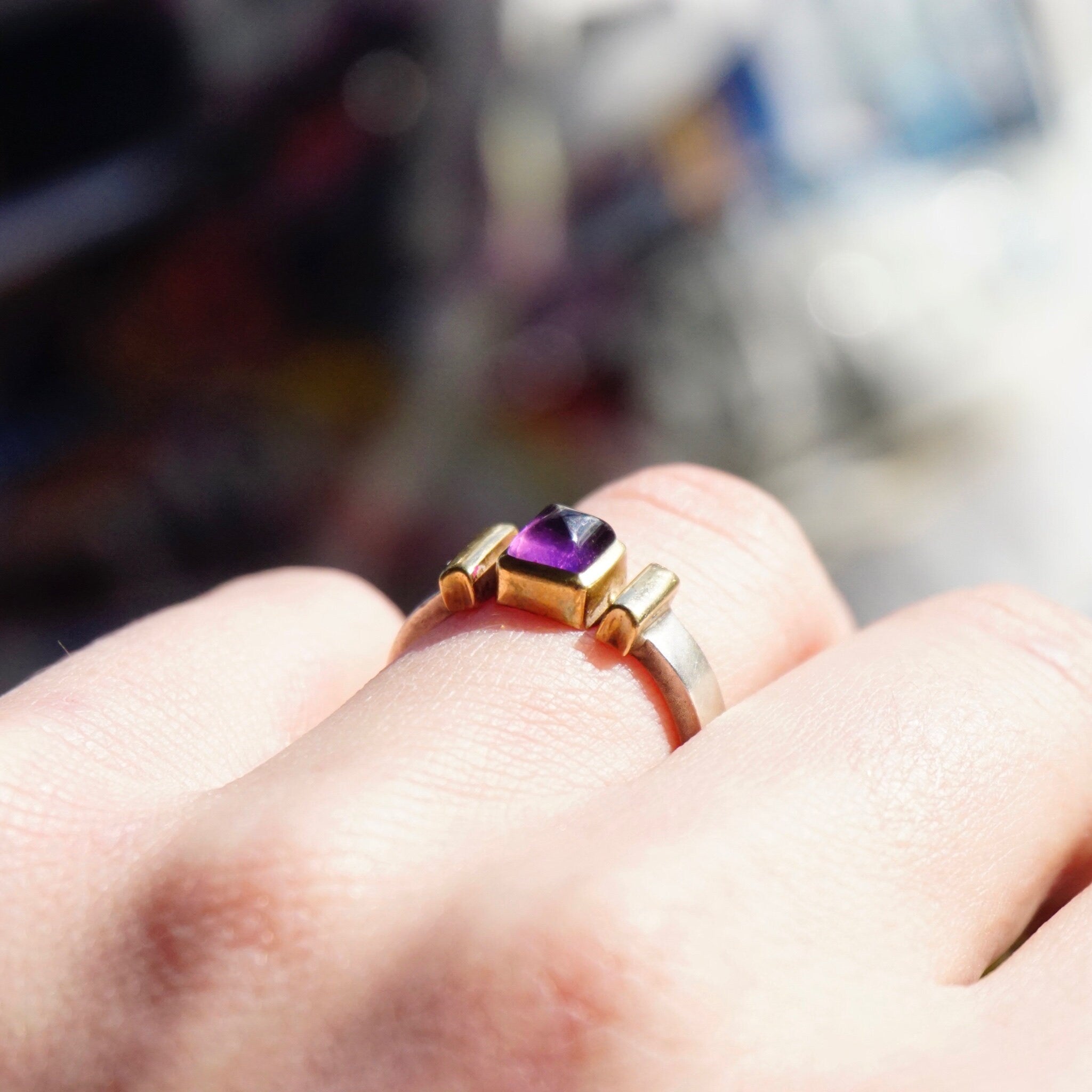 Vintage Amethyst 14K Gold Overlay Sterling Silver Ring, Beautiful Silver Ring With Gold Accents and Purple Stone, 14K Sterling Ring