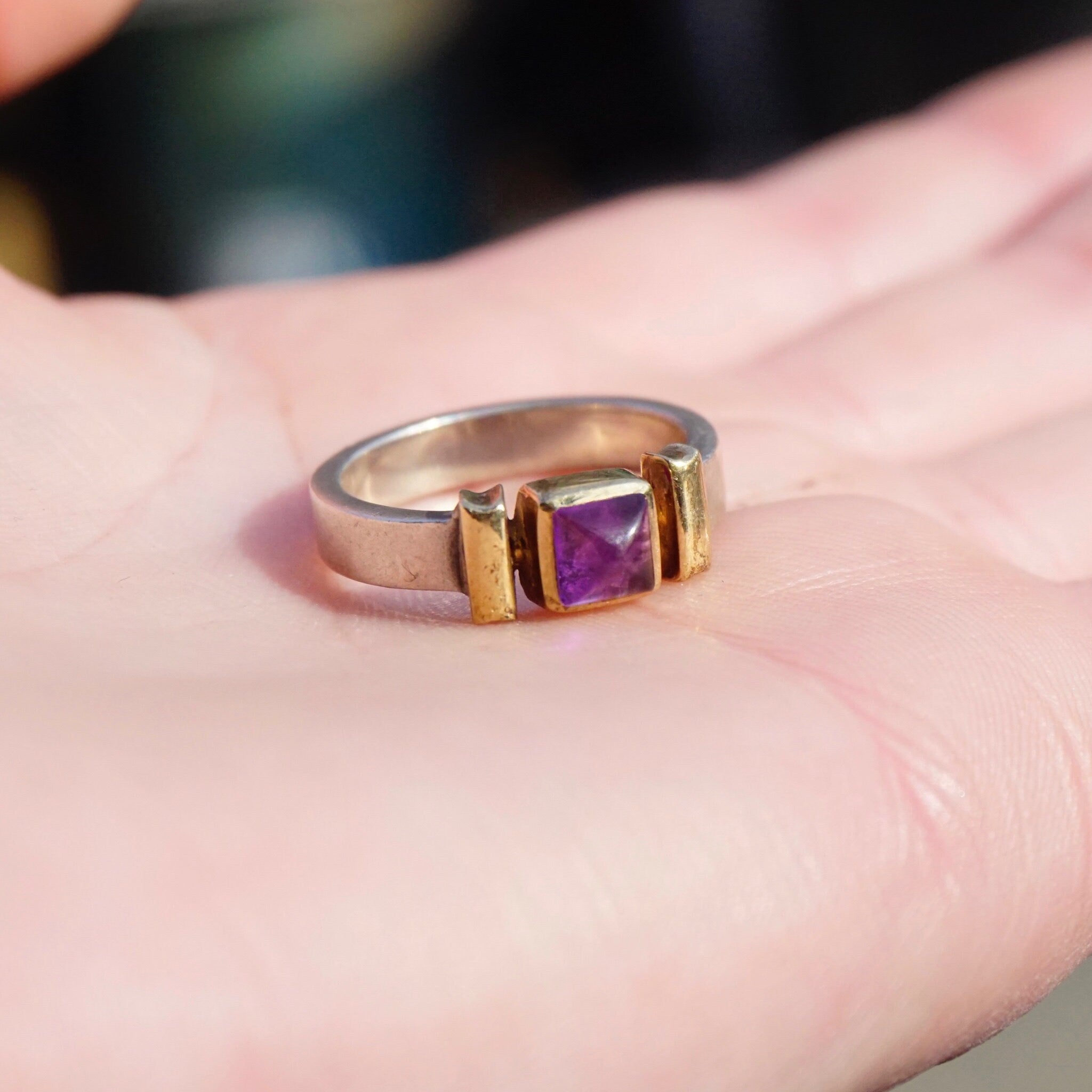 Vintage Amethyst 14K Gold Overlay Sterling Silver Ring, Beautiful Silver Ring With Gold Accents and Purple Stone, 14K Sterling Ring
