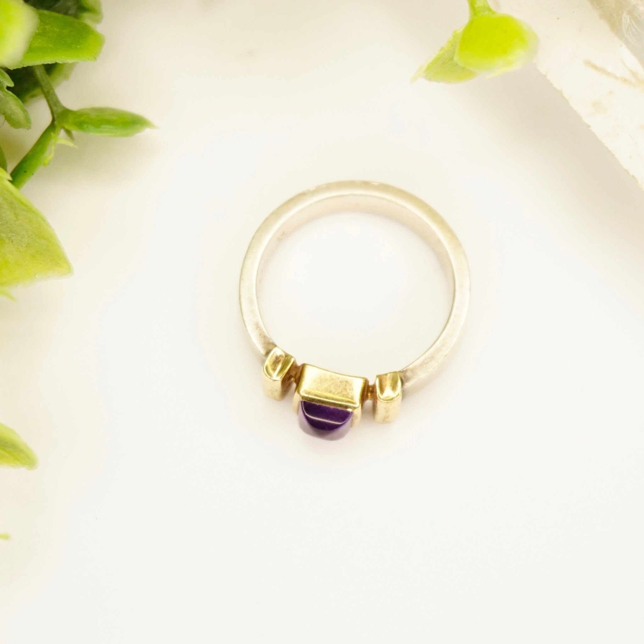 Vintage Amethyst 14K Gold Overlay Sterling Silver Ring, Beautiful Silver Ring With Gold Accents and Purple Stone, 14K Sterling Ring