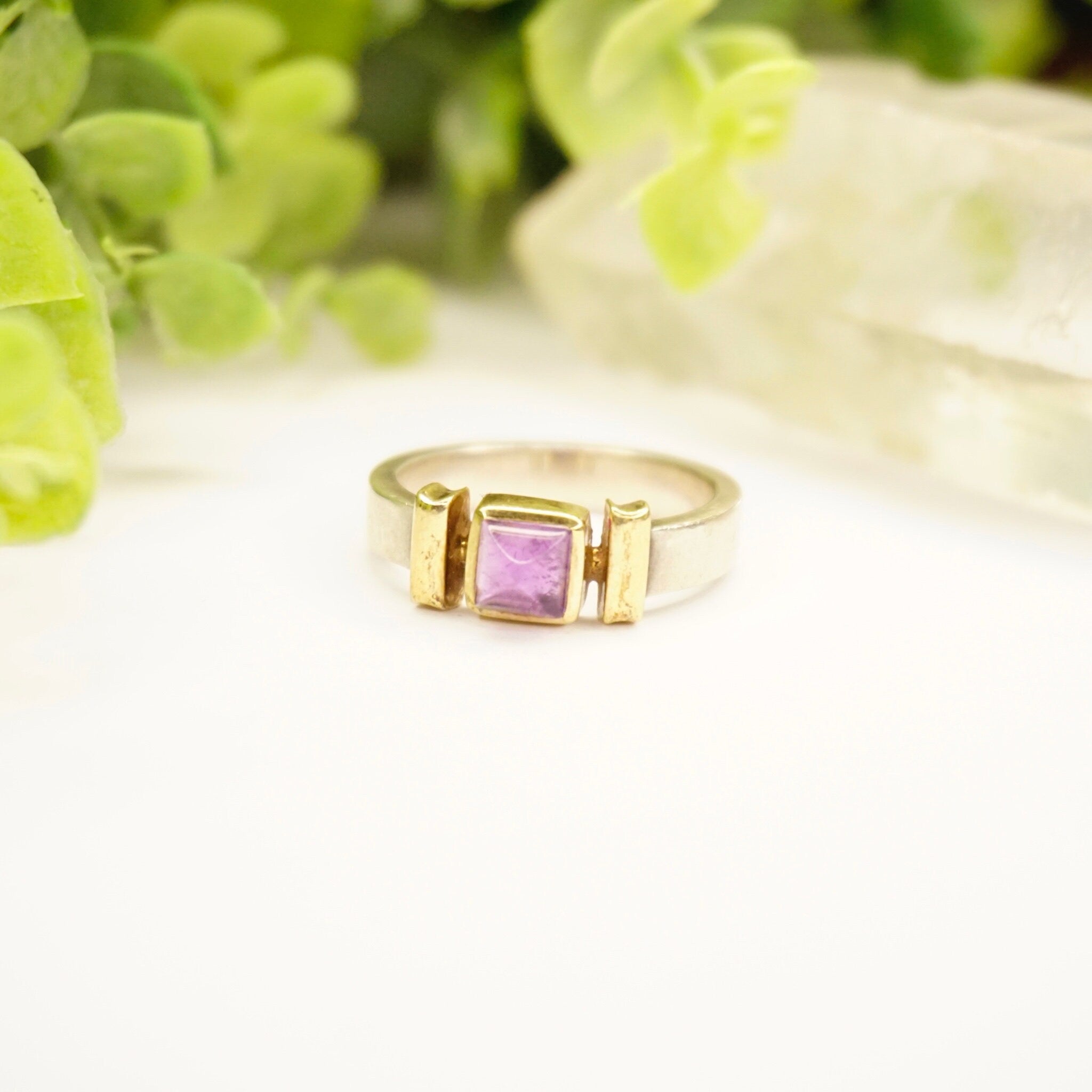 Vintage Amethyst 14K Gold Overlay Sterling Silver Ring, Beautiful Silver Ring With Gold Accents and Purple Stone, 14K Sterling Ring