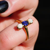Vintage 14K Gold Synthetic Opal And Sapphire Ring, Beautiful 3-Stone Ring With Vertical Setting, Iridescent Gold Ring With Blue Stone, 14K