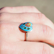 Vintage Sterling Silver Siam Enamel Heart Ring, Blue Enamel Ring With Inlaid Flower, Silver Heart Ring With Flower Design, Thailand Sterling