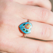 Vintage Sterling Silver Siam Enamel Heart Ring, Blue Enamel Ring With Inlaid Flower, Silver Heart Ring With Flower Design, Thailand Sterling