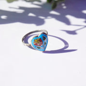 Vintage Sterling Silver Siam Enamel Heart Ring, Blue Enamel Ring With Inlaid Flower, Silver Heart Ring With Flower Design, Thailand Sterling