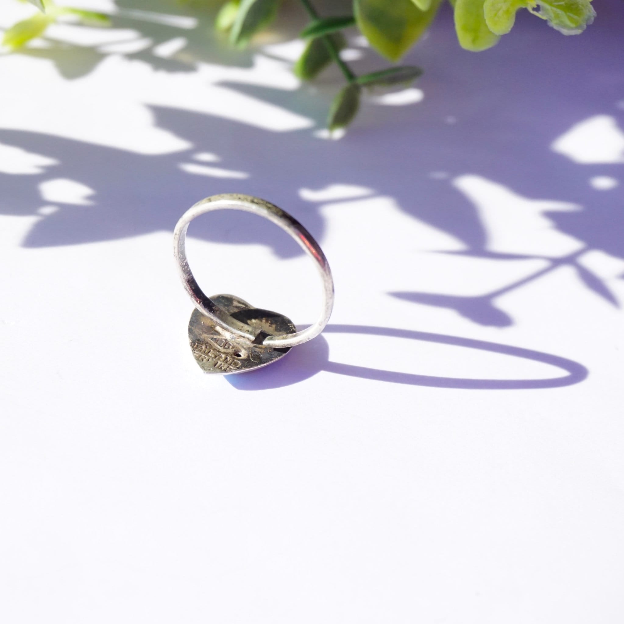 Vintage Sterling Silver Siam Enamel Heart Ring, Blue Enamel Ring With Inlaid Flower, Silver Heart Ring With Flower Design, Thailand Sterling