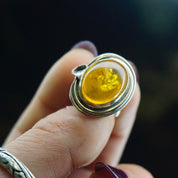 Vintage Sterling Silver Amber Ring, Natural Amber Ring With Accent Silver Details, Amber With Inclusions, Petite Ring, 925 Jewelry