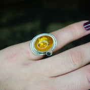 Vintage Sterling Silver Amber Ring, Natural Amber Ring With Accent Silver Details, Amber With Inclusions, Petite Ring, 925 Jewelry
