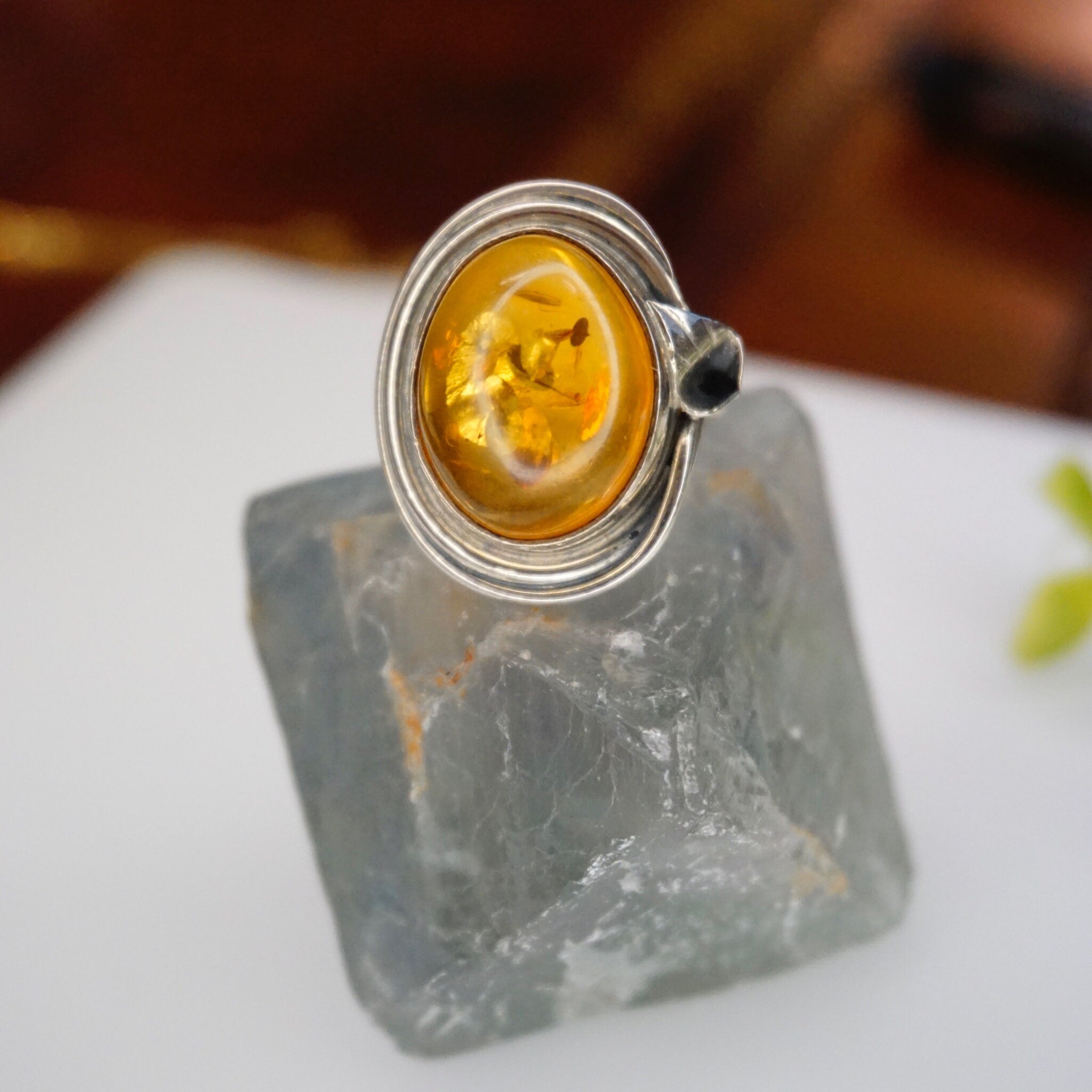 Vintage Sterling Silver Amber Ring, Natural Amber Ring With Accent Silver Details, Amber With Inclusions, Petite Ring, 925 Jewelry