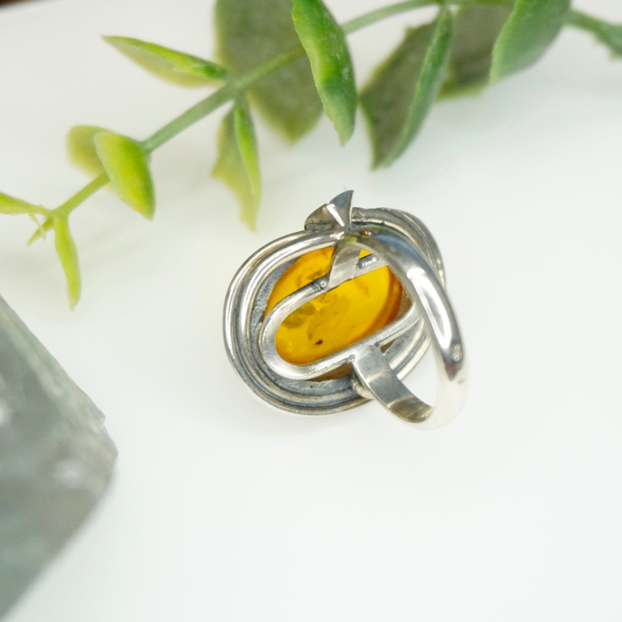 Vintage Sterling Silver Amber Ring, Natural Amber Ring With Accent Silver Details, Amber With Inclusions, Petite Ring, 925 Jewelry
