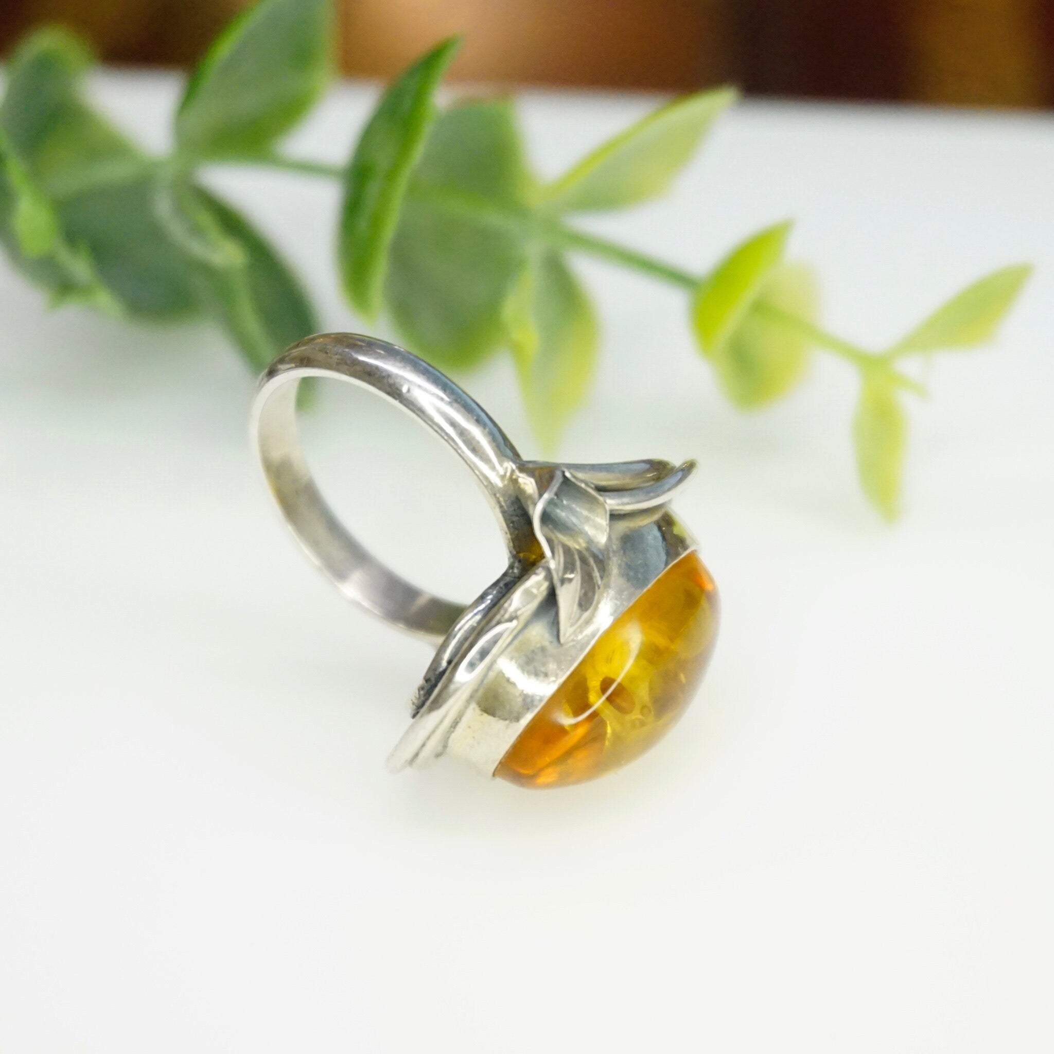Vintage Sterling Silver Amber Ring, Natural Amber Ring With Accent Silver Details, Amber With Inclusions, Petite Ring, 925 Jewelry