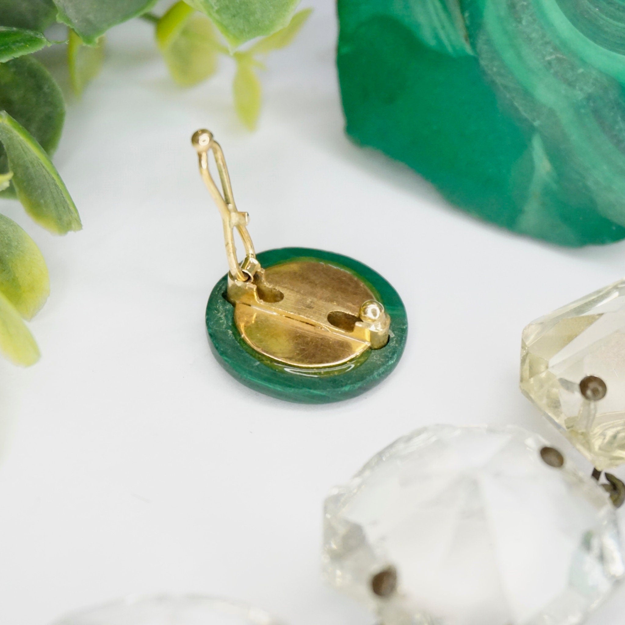 Vintage 14k Gold Diamond Malachite Barrette/Clip, Small Circle Malachite Pin With Diamond Accents and Gold Setting, Green Diamond Clip
