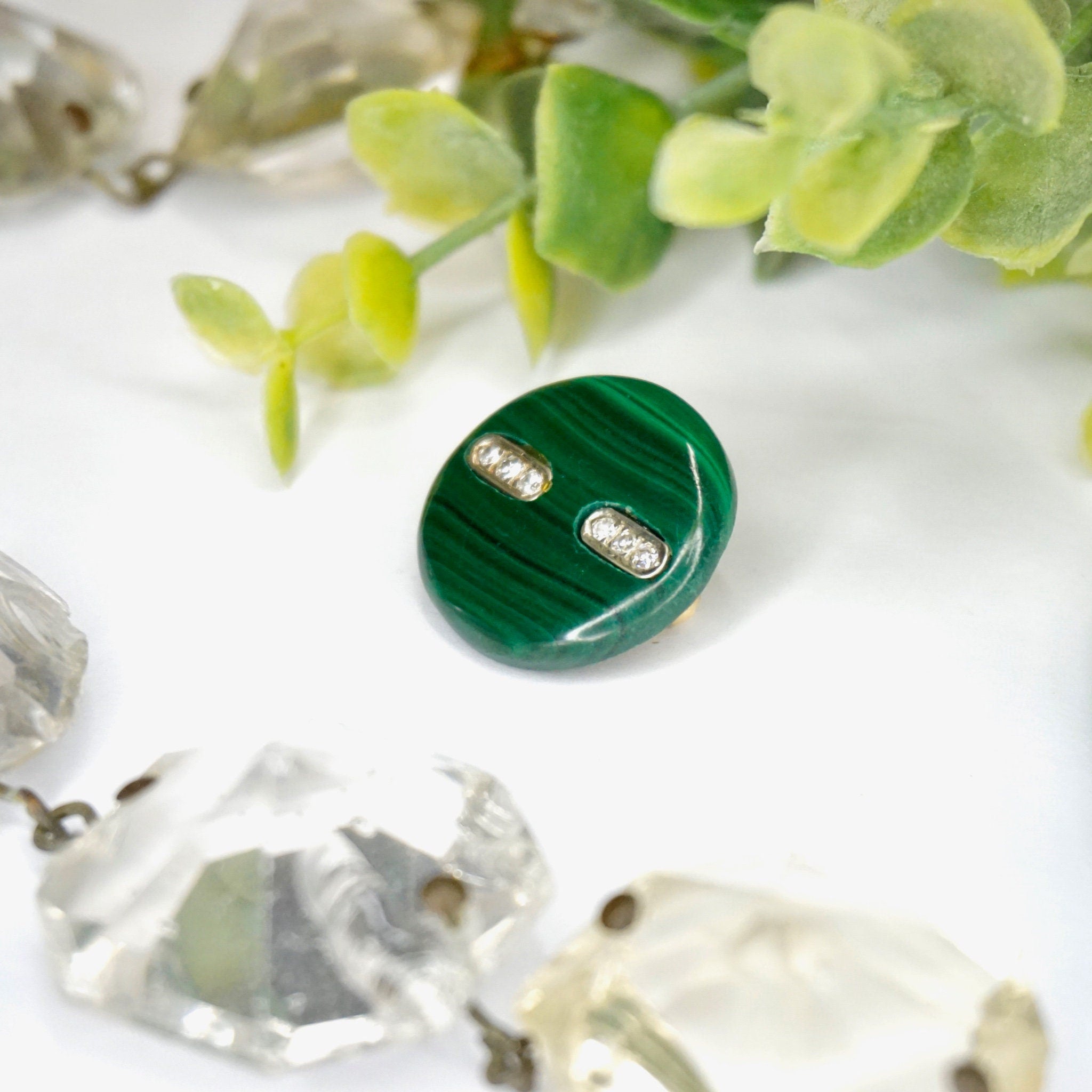 Vintage 14k Gold Diamond Malachite Barrette/Clip, Small Circle Malachite Pin With Diamond Accents and Gold Setting, Green Diamond Clip