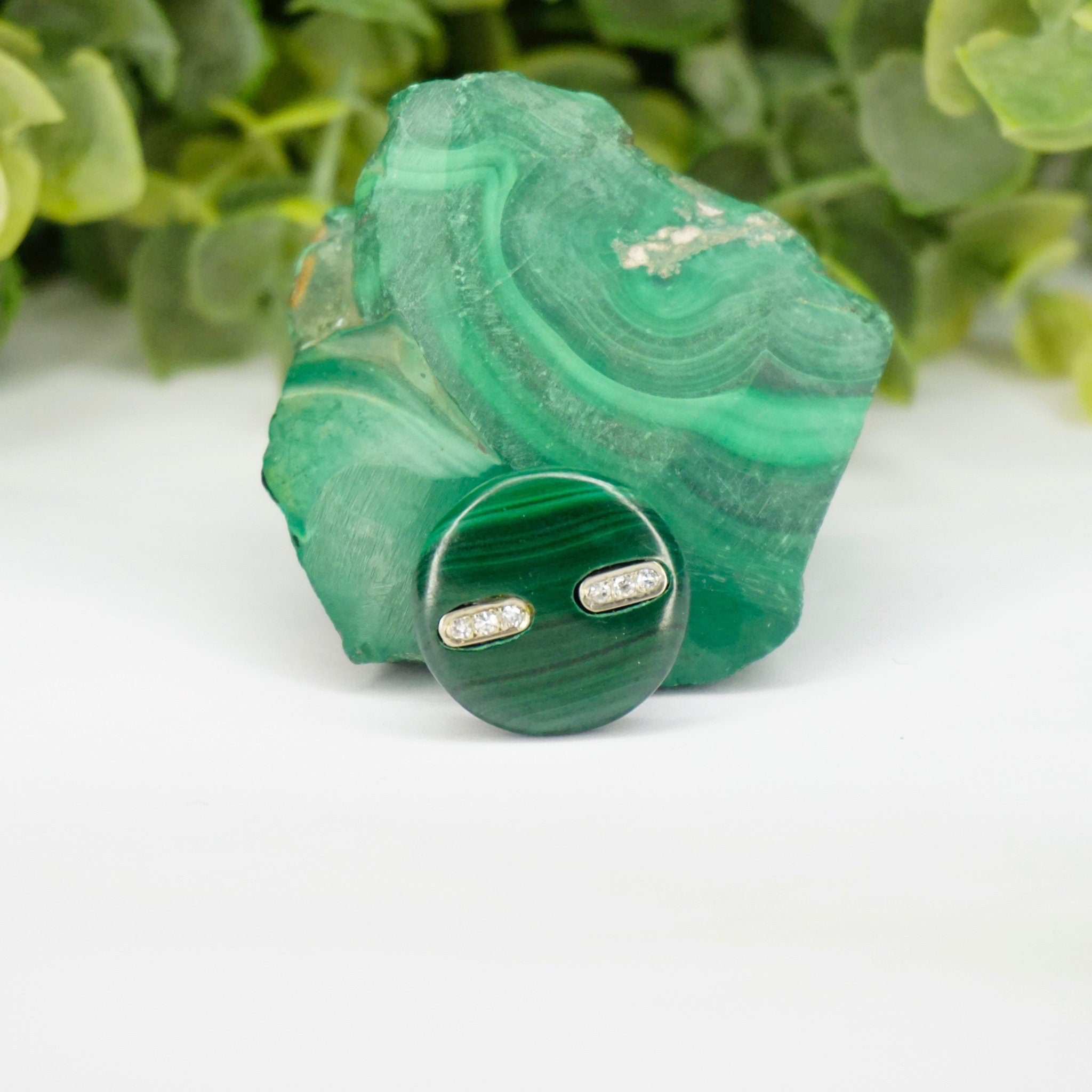 Clip, Small Circle Malachite Pin With Diamond Accents and Gold Setting, Green Diamond Clip