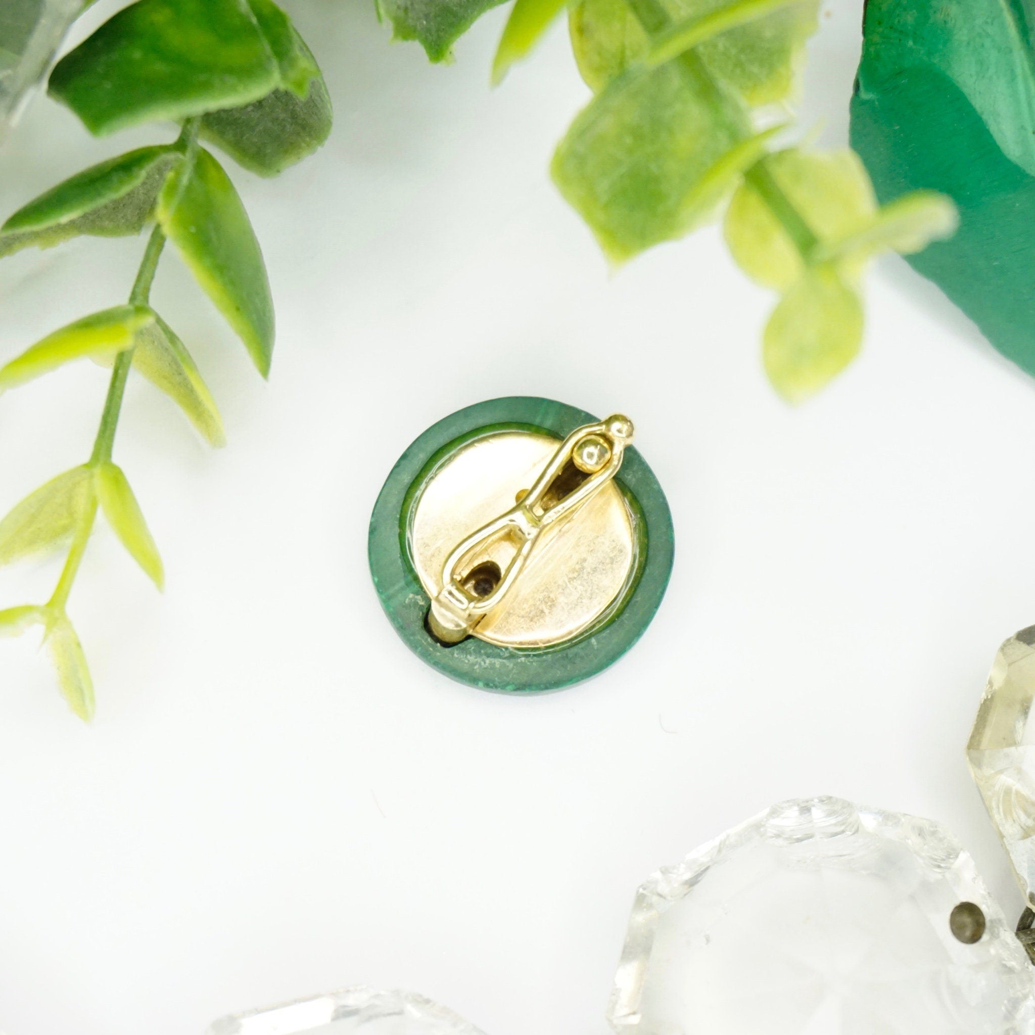 Vintage 14k Gold Diamond Malachite Barrette/Clip, Small Circle Malachite Pin With Diamond Accents and Gold Setting, Green Diamond Clip