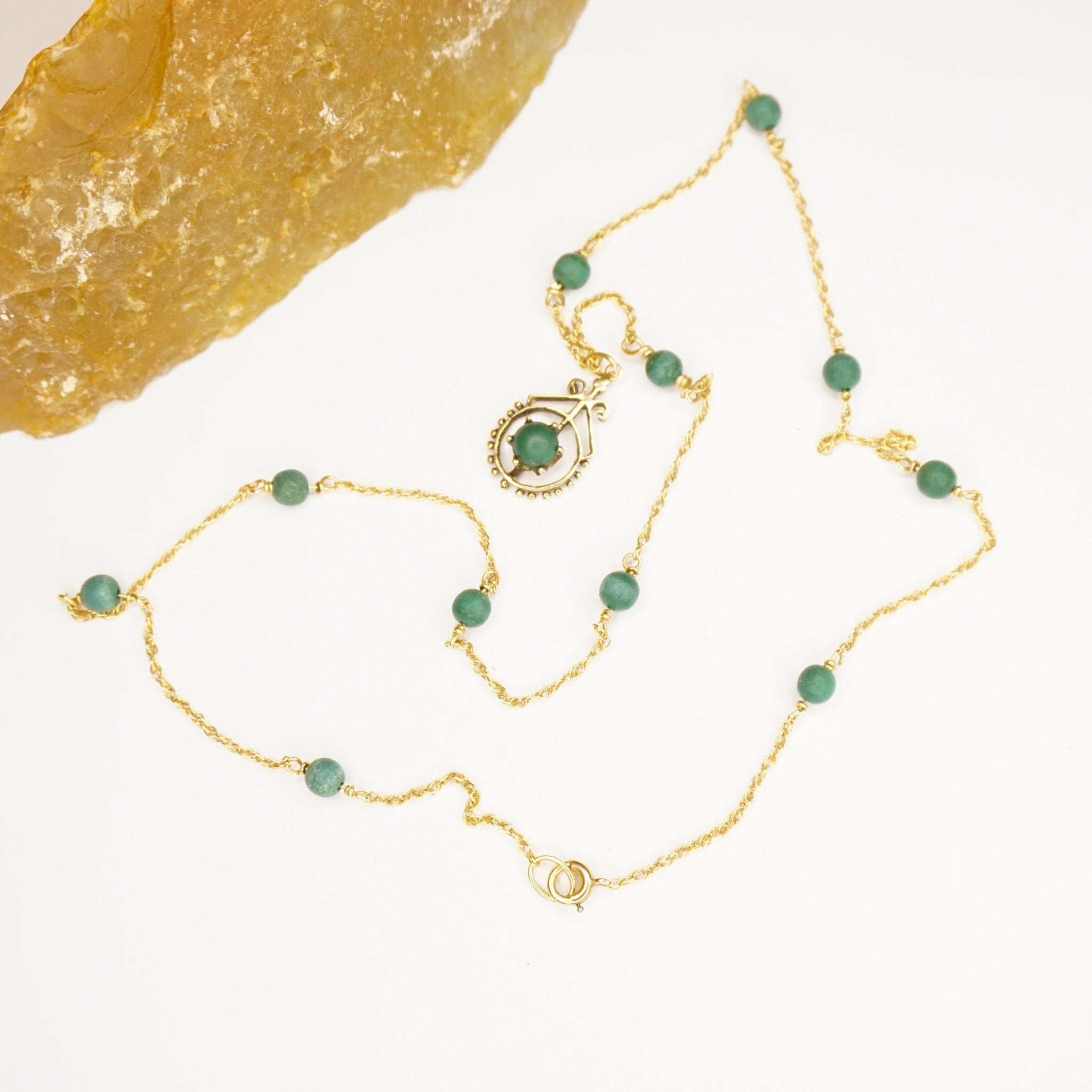 Vintage 14K Gold Malachite Station Necklace, Beautiful Gold Necklace With Malachite Beads and Pendant, 14K Gold Pendant Malachite Necklace