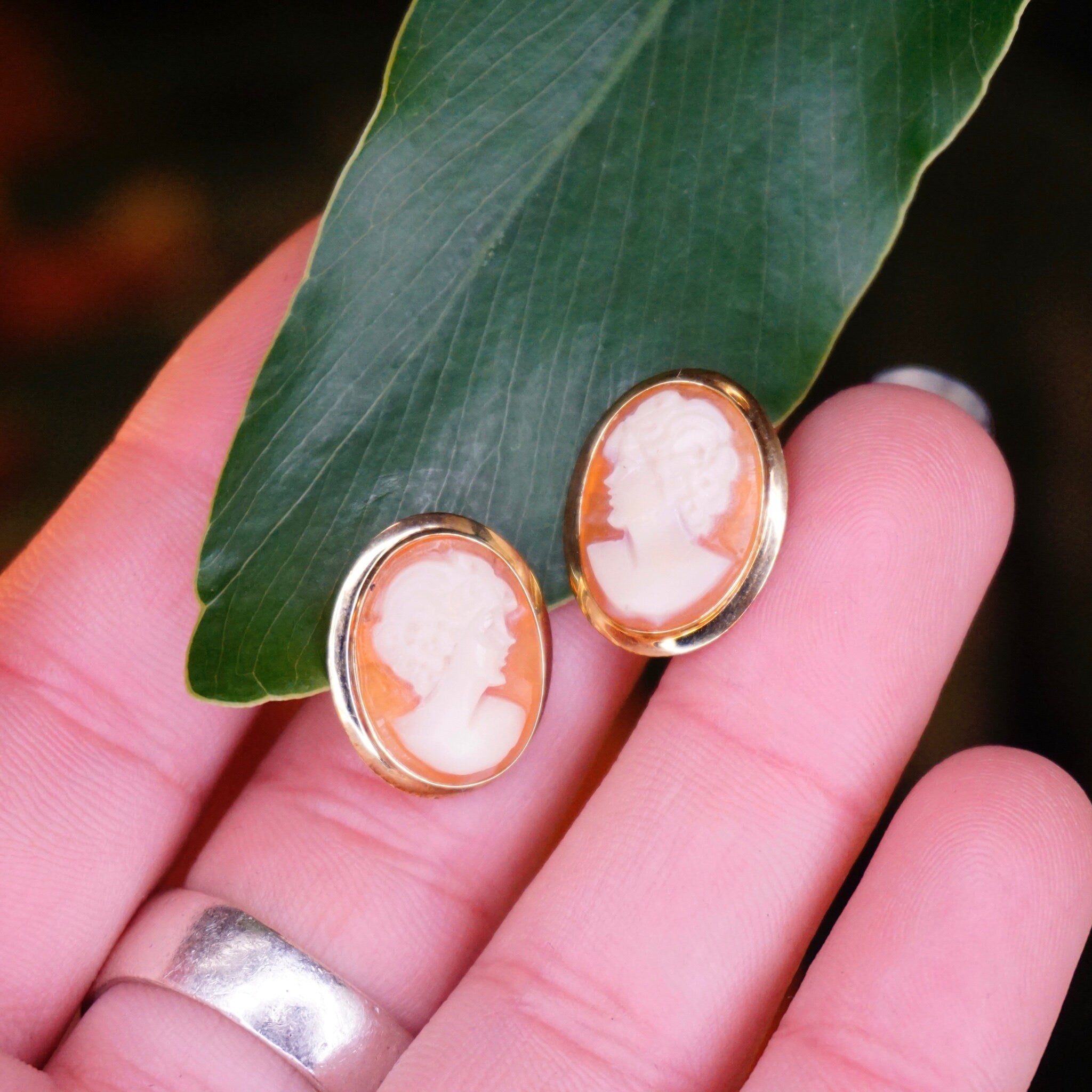 Vintage 14K Gold Cameo Post Earrings, Beautiful Cameo Earrings With Gold Setting, Italian 14K Gold Carved Shell Earrings, Cameo Earrings