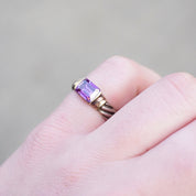 Vintage Sterling Silver Ring With Purple Stone/Glass, Textured Silver Ring With Gold Toned Setting and Baguette Cut Stone, 925 Jewelry