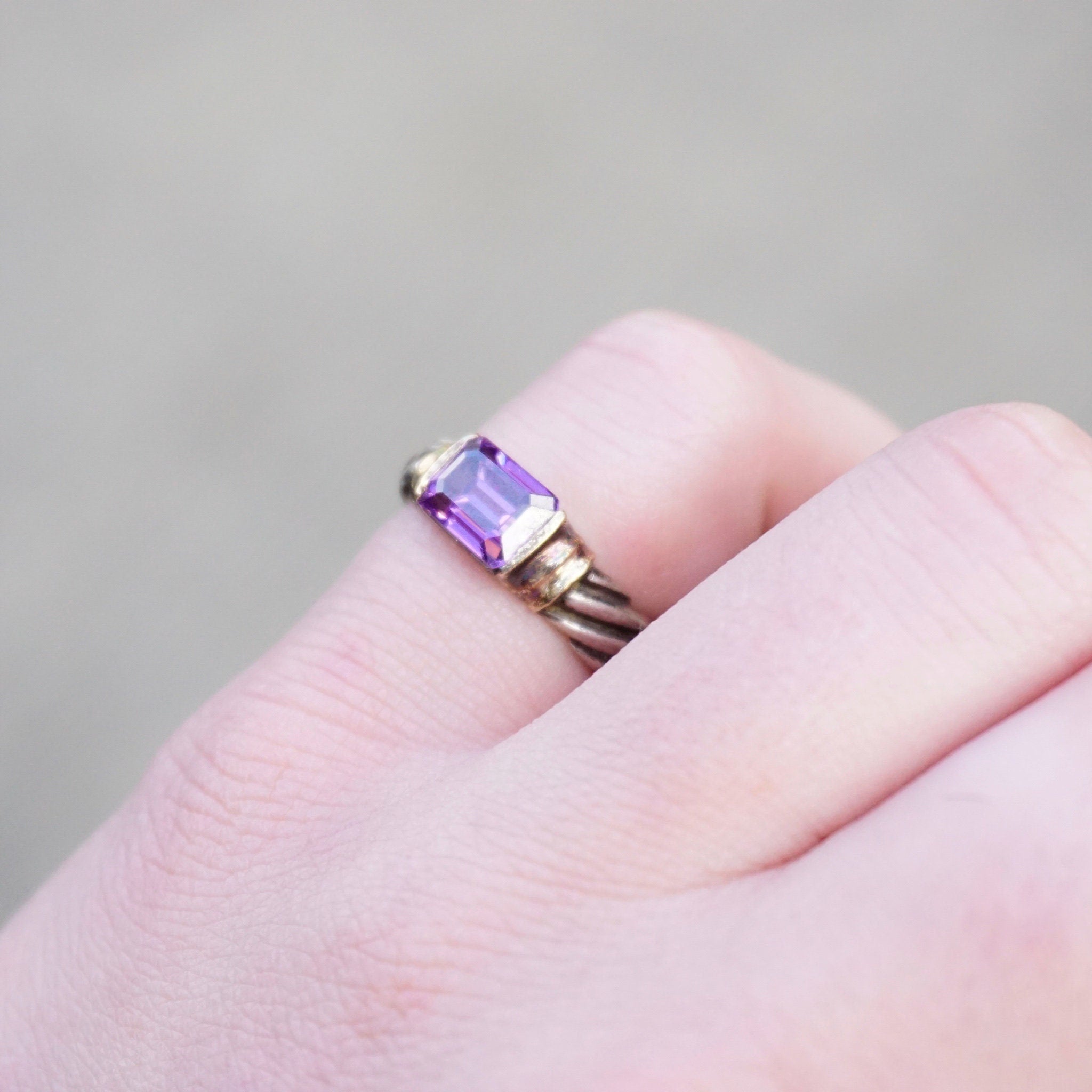 Glass, Textured Silver Ring With Gold Toned Setting and Baguette Cut Stone, 925 Jewelry