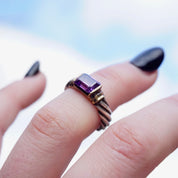 Vintage Sterling Silver Ring With Purple Stone/Glass, Textured Silver Ring With Gold Toned Setting and Baguette Cut Stone, 925 Jewelry