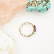 Vintage Sterling Silver Ring With Purple Stone/Glass, Textured Silver Ring With Gold Toned Setting and Baguette Cut Stone, 925 Jewelry