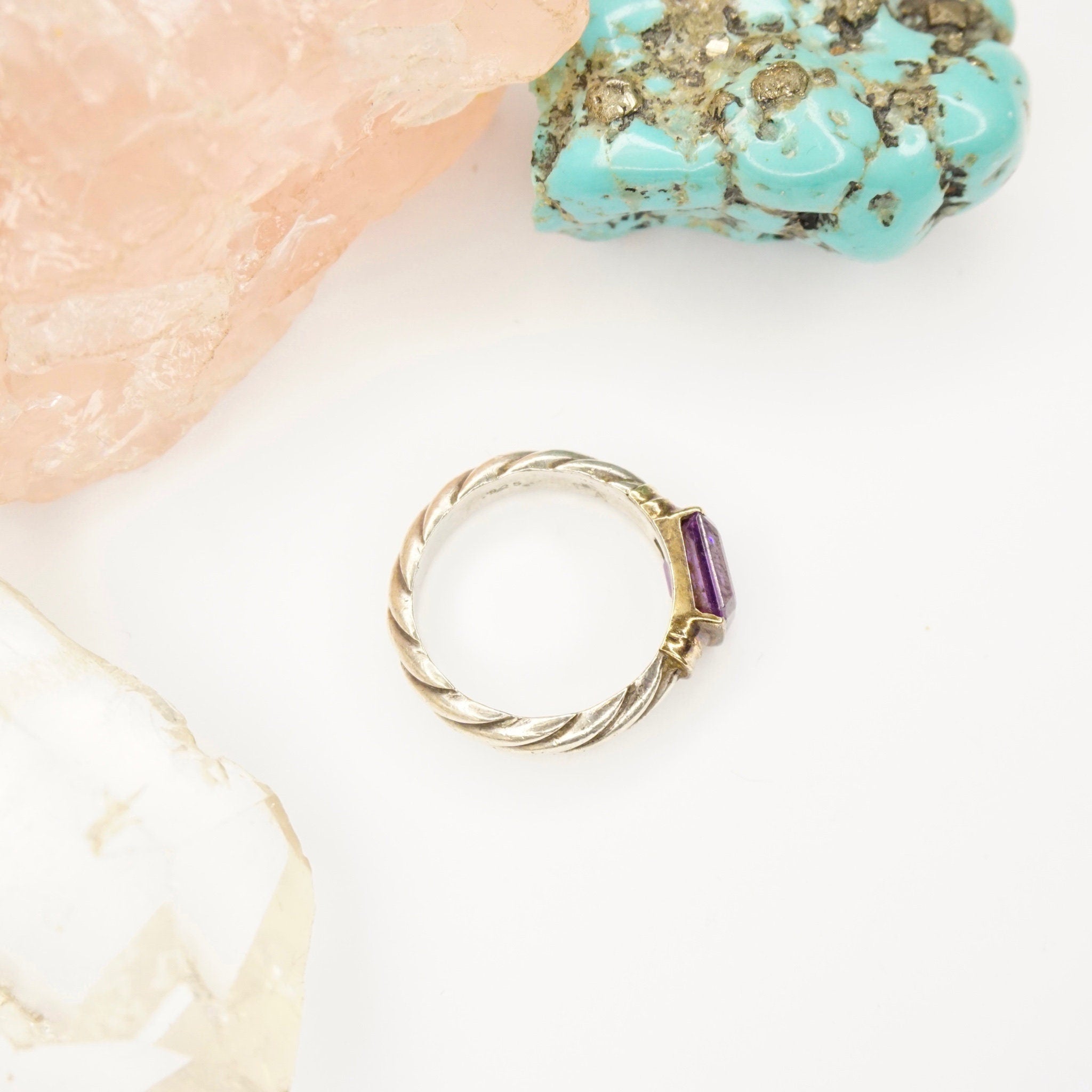 Vintage Sterling Silver Ring With Purple Stone/Glass, Textured Silver Ring With Gold Toned Setting and Baguette Cut Stone, 925 Jewelry
