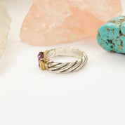 Vintage Sterling Silver Ring With Purple Stone/Glass, Textured Silver Ring With Gold Toned Setting and Baguette Cut Stone, 925 Jewelry