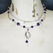 Vintage Sterling Silver Station Necklace With Purple Stones, Long Beaded Necklace With Silver Crescents, Purple and Silver Pendant Necklace